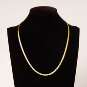 14K yellow gold Italian modernist diamond-cut herringbone chain necklace, 3.5mm wide, reversible design, 20 inches long, displayed on black jewelry bust.
