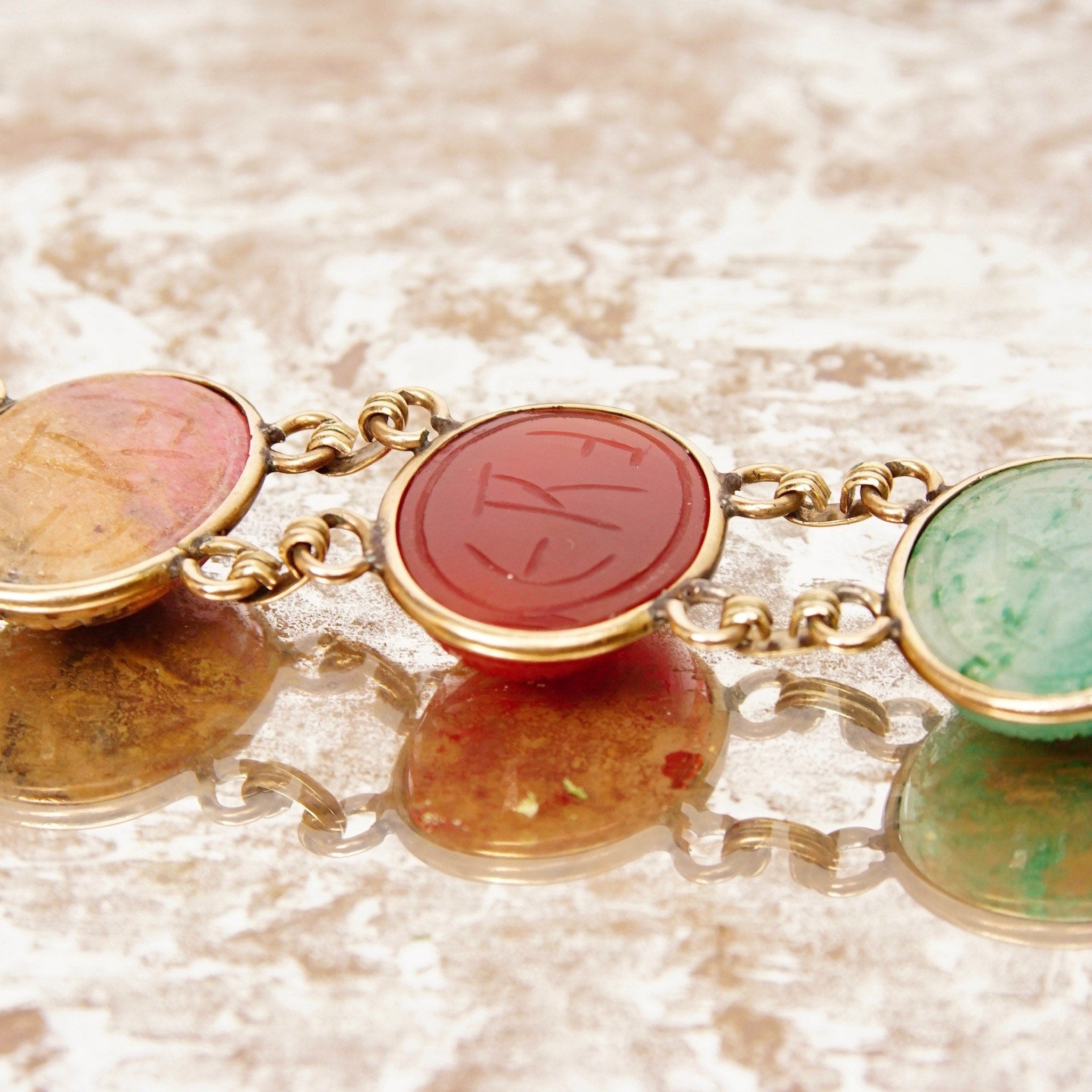 Vintage 10K GF Large Scarab Gemstone Bracelet, Chunky Multi-Stone Link Bracelet, Carved Gemstone Cabochons, Yellow Gold Links, 7 1/2" L