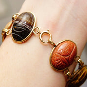 Vintage 10K GF Large Scarab Gemstone Bracelet, Chunky Multi-Stone Link Bracelet, Carved Gemstone Cabochons, Yellow Gold Links, 7 1/2" L