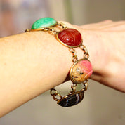 Vintage 10K GF Large Scarab Gemstone Bracelet, Chunky Multi-Stone Link Bracelet, Carved Gemstone Cabochons, Yellow Gold Links, 7 1/2" L