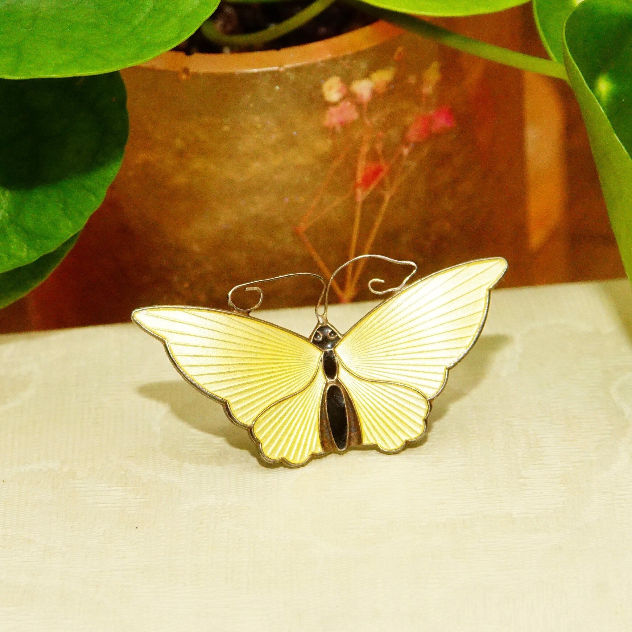 Vintage DA NORWAY S925 Guilloche Enamel Butterfly Brooch, Yellow Enameled Silver Butterfly Pin, Scandinavian Jewelry, 2 1/4 W