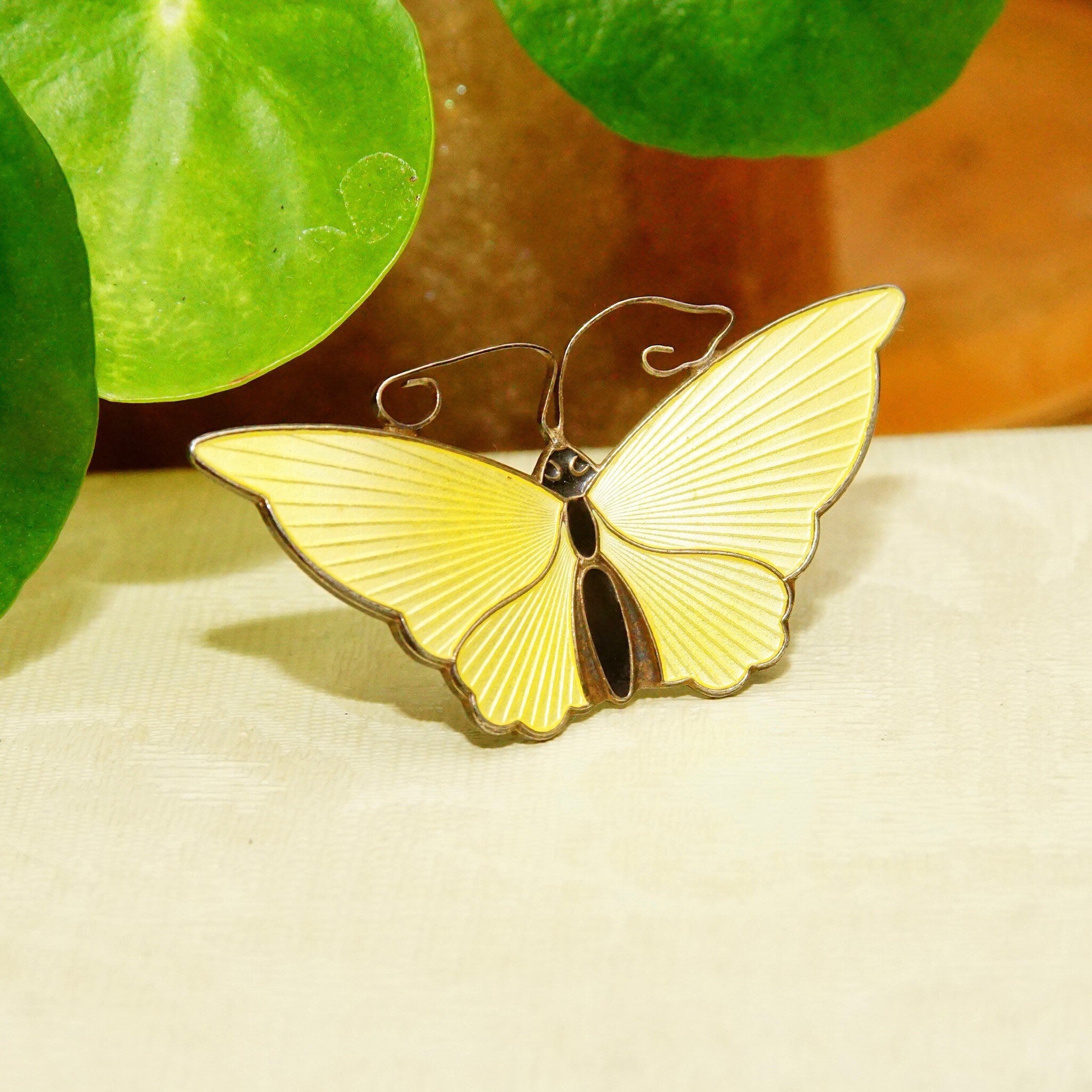 Vintage DA NORWAY S925 Guilloche Enamel Butterfly Brooch, Yellow Enameled Silver Butterfly Pin, Scandinavian Jewelry, 2 1/4 W