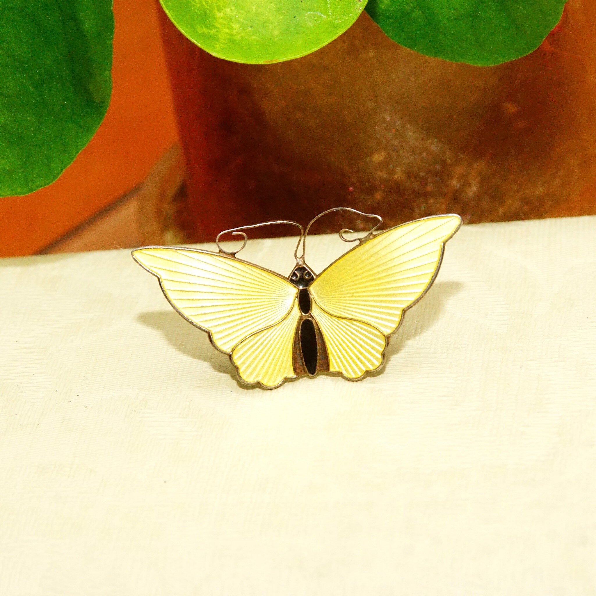 Vintage DA NORWAY S925 Guilloche Enamel Butterfly Brooch, Yellow Enameled Silver Butterfly Pin, Scandinavian Jewelry, 2 1/4 W