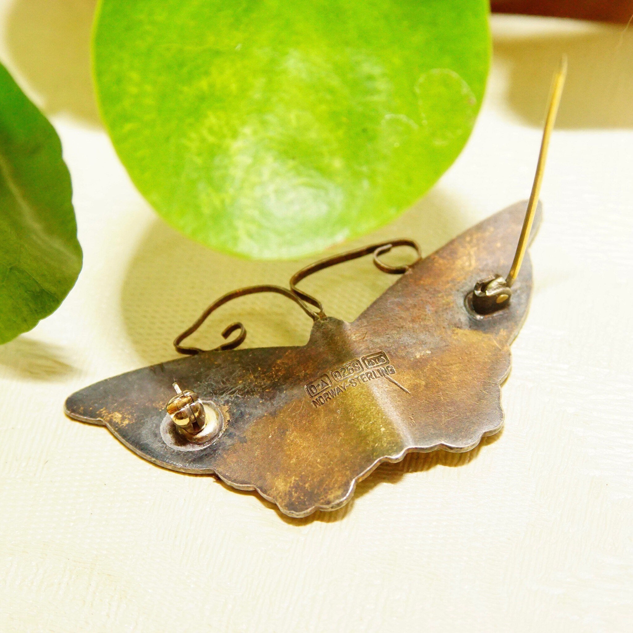 Vintage DA NORWAY S925 Guilloche Enamel Butterfly Brooch, Yellow Enameled Silver Butterfly Pin, Scandinavian Jewelry, 2 1/4 W
