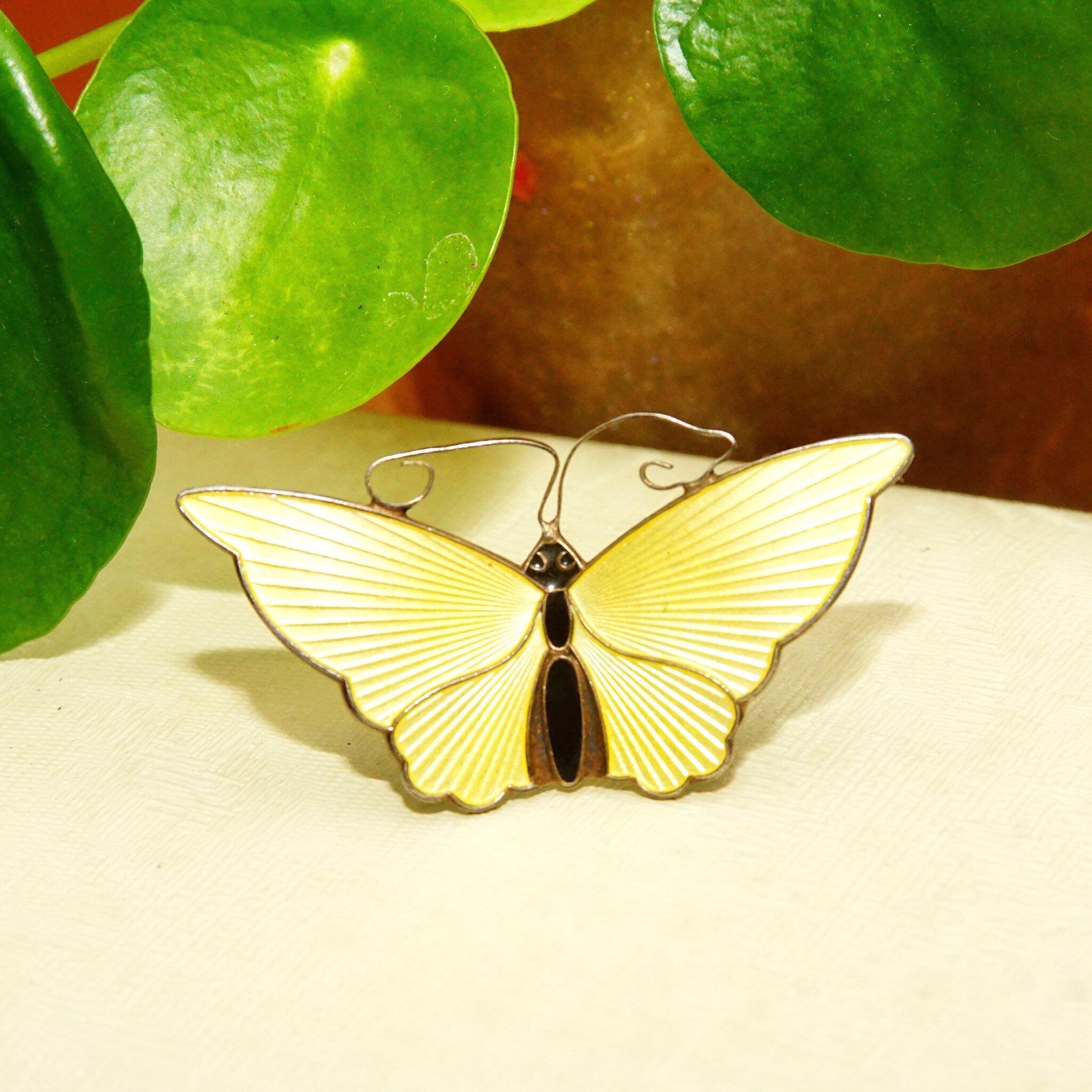 Vintage DA NORWAY S925 Guilloche Enamel Butterfly Brooch, Yellow Enameled Silver Butterfly Pin, Scandinavian Jewelry, 2 1/4 W