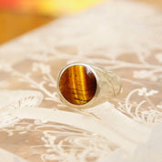 Vintage TAXCO Sterling Silver Tigers Eye Signet Ring, Iridescent Gemstone Cabochon, Graduated Silver Band, Mexico 925MC, Size 7 US