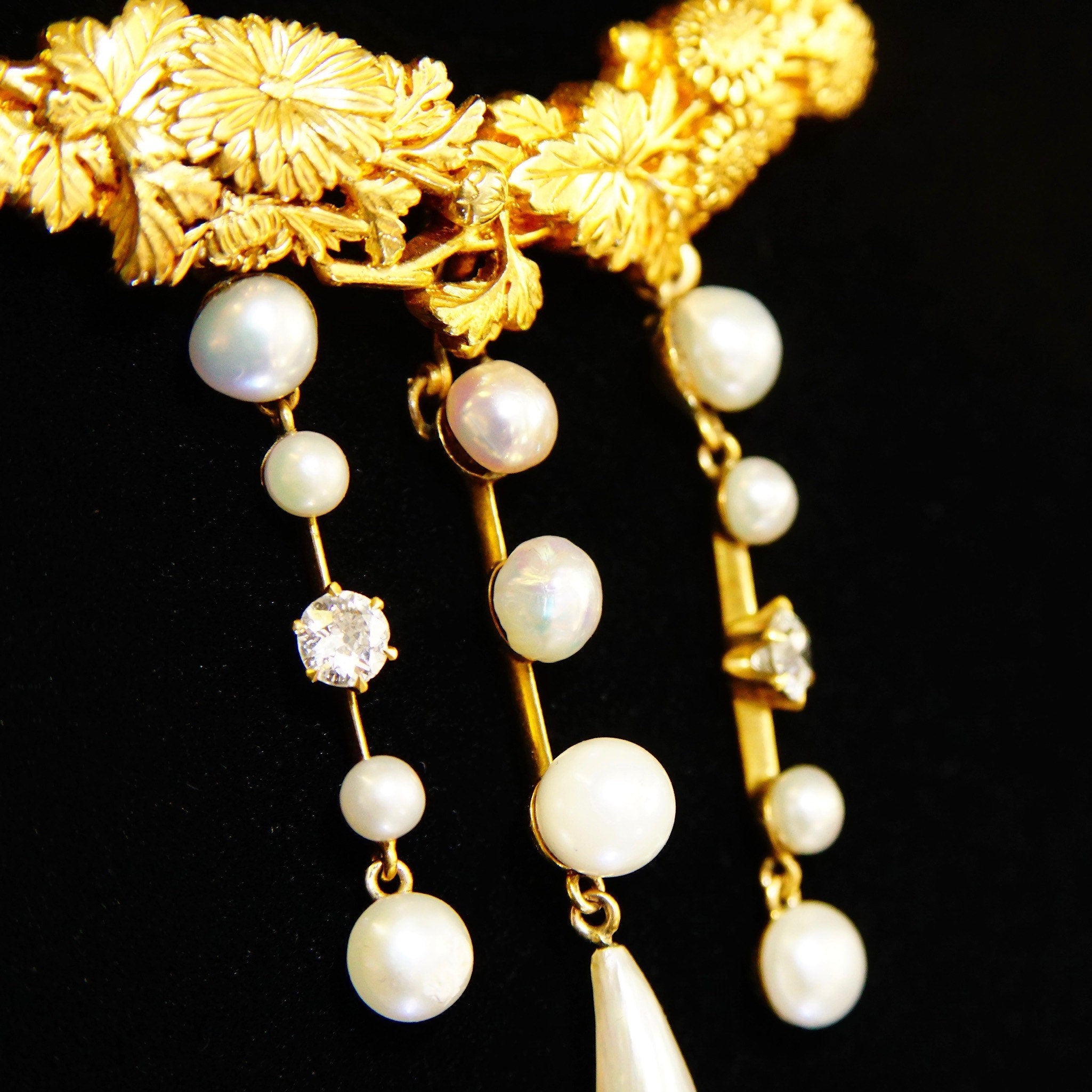 Art Nouveau 18K Diamond Pearl Lavalier On 14K Filigree Chain, Engraved Floral Pendant, Antique Fine Jewelry, 16" L