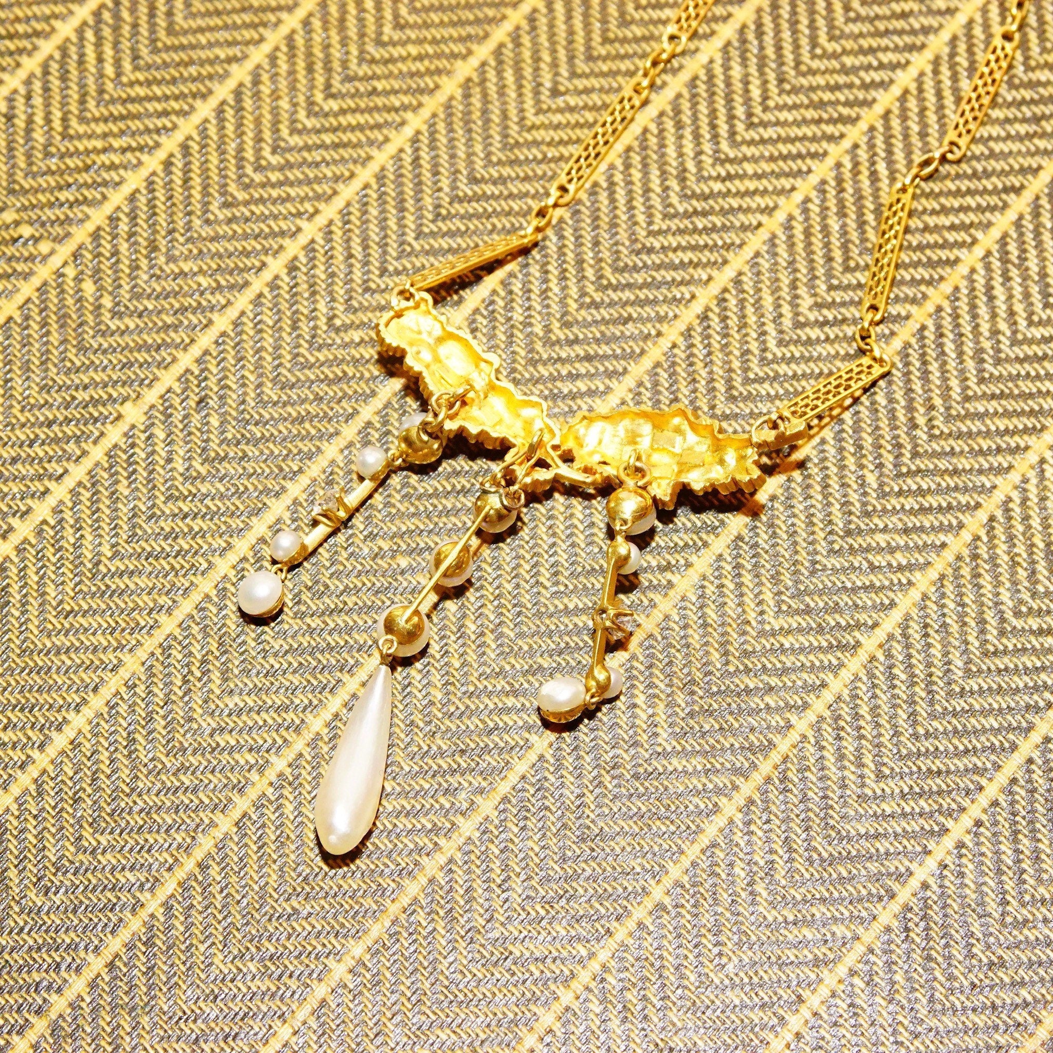 Art Nouveau 18K Diamond Pearl Lavalier On 14K Filigree Chain, Engraved Floral Pendant, Antique Fine Jewelry, 16" L