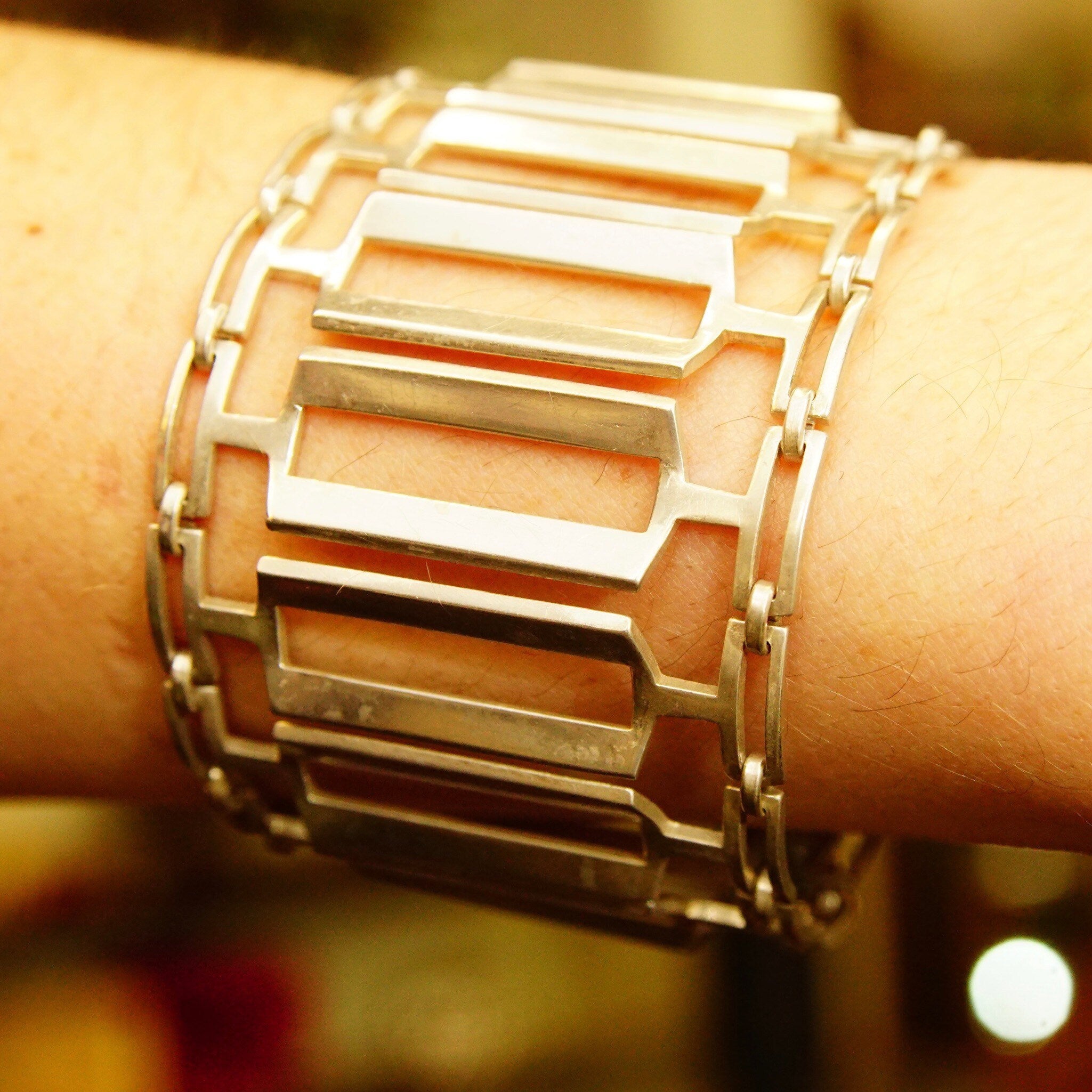 Vintage TONE VIGELAND Modernist Sterling Silver Closed Cuff Bracelet, Industrial Silver Link Bracelet, Wide, Norway 925S Bracelet, 6.9" L