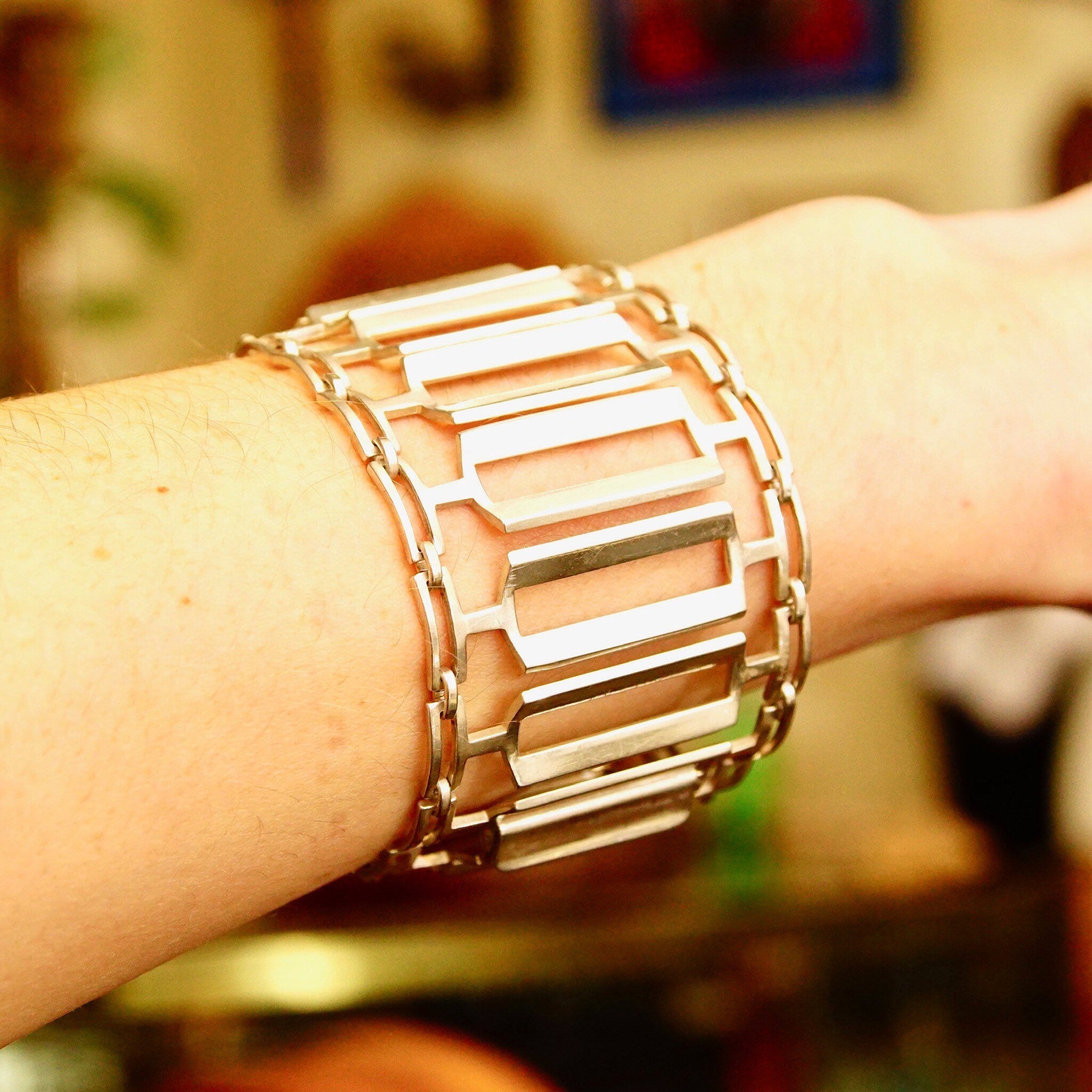 Vintage TONE VIGELAND Modernist Sterling Silver Closed Cuff Bracelet, Industrial Silver Link Bracelet, Wide, Norway 925S Bracelet, 6.9" L