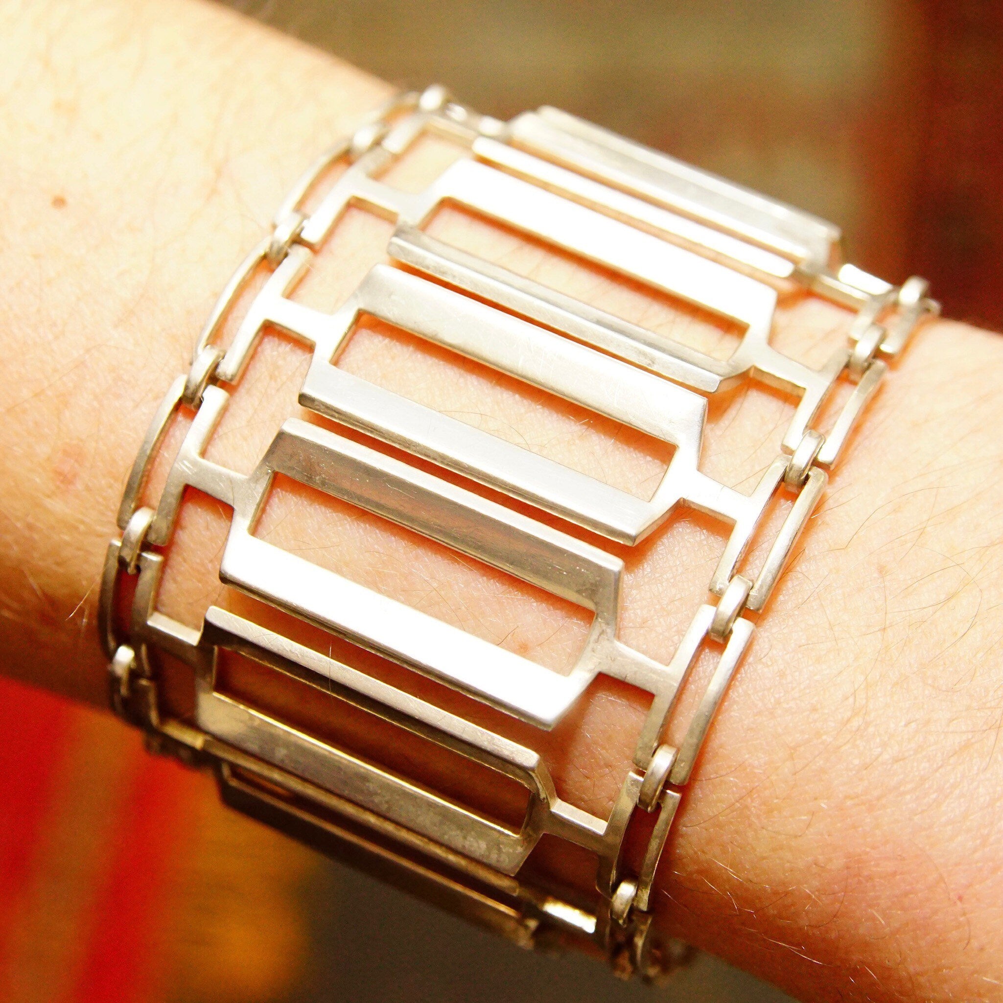 Vintage TONE VIGELAND Modernist Sterling Silver Closed Cuff Bracelet, Industrial Silver Link Bracelet, Wide, Norway 925S Bracelet, 6.9" L