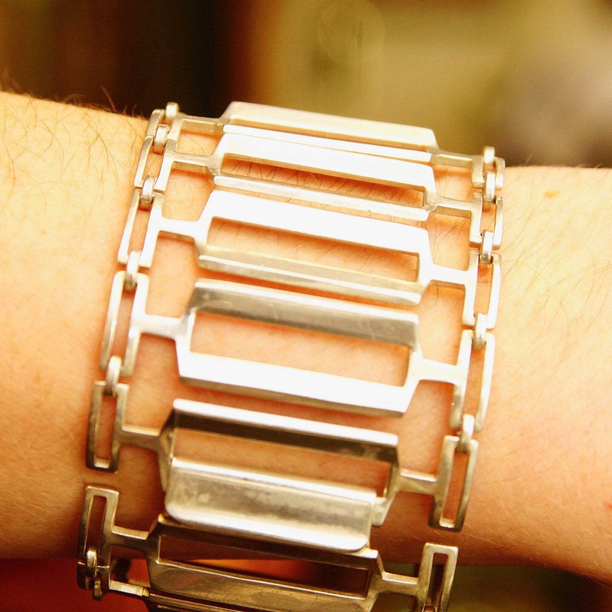 Vintage TONE VIGELAND Modernist Sterling Silver Closed Cuff Bracelet, Industrial Silver Link Bracelet, Wide, Norway 925S Bracelet, 6.9" L