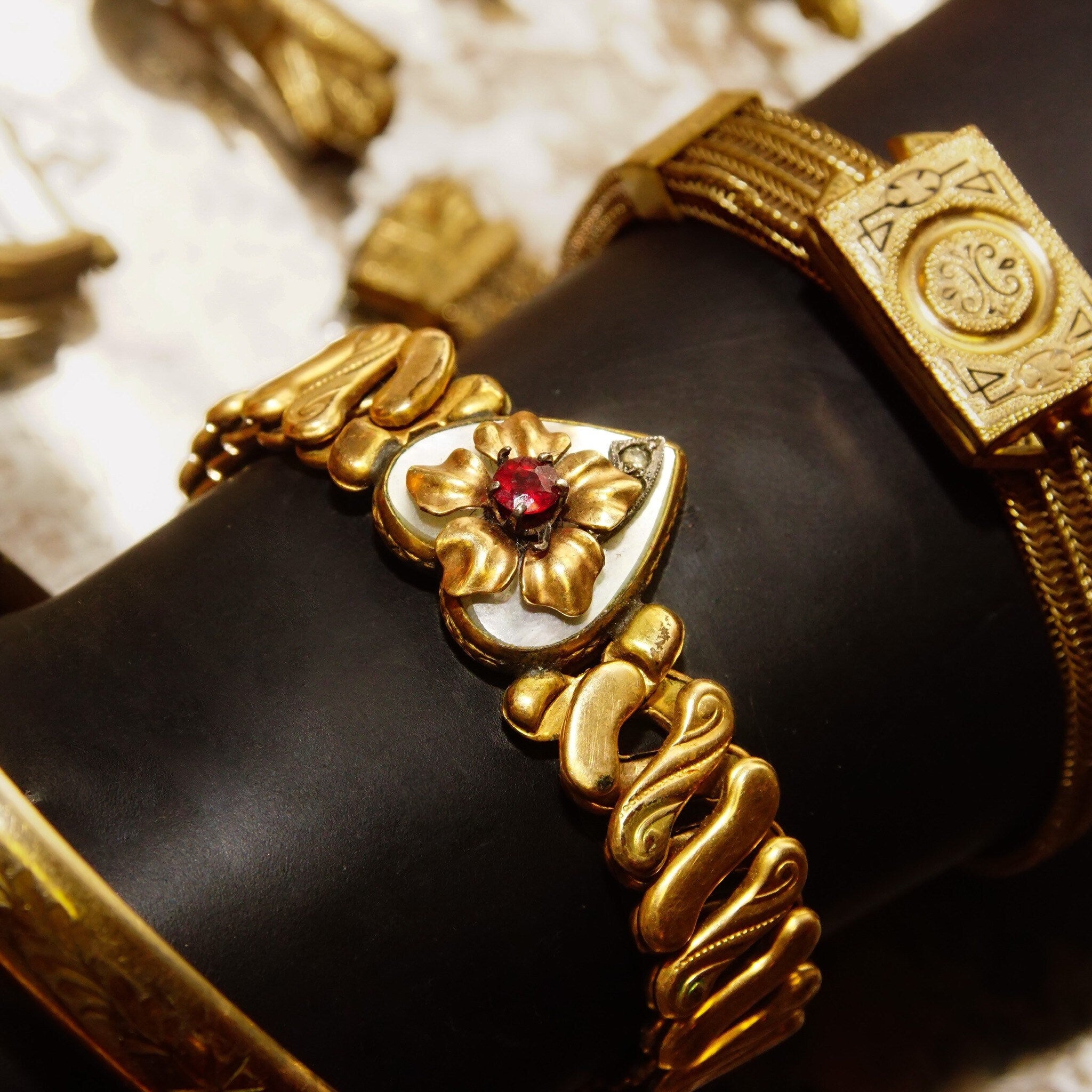 Antique Victorian GF Heart Stretch Band Bracelet, Diamond Accent, Shell Inlay, Faux Ruby, Floral Embellishment, S-Link Stretch Band, 5" L
