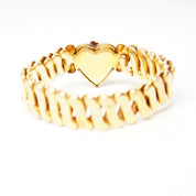 Antique Victorian GF Heart Stretch Band Bracelet, Diamond Accent, Shell Inlay, Faux Ruby, Floral Embellishment, S-Link Stretch Band, 5" L