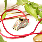 Antique Chinese Cloisonne Brass Enamel Whistle Pendant Necklace, Floral Embellishments, Pink & Green Enamel, Maroon Rope Necklace, 1 3/8"