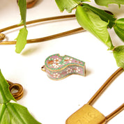 Antique Chinese Cloisonne Brass Enamel Whistle Pendant Necklace, Floral Embellishments, Pink & Green Enamel, Maroon Rope Necklace, 1 3/8"