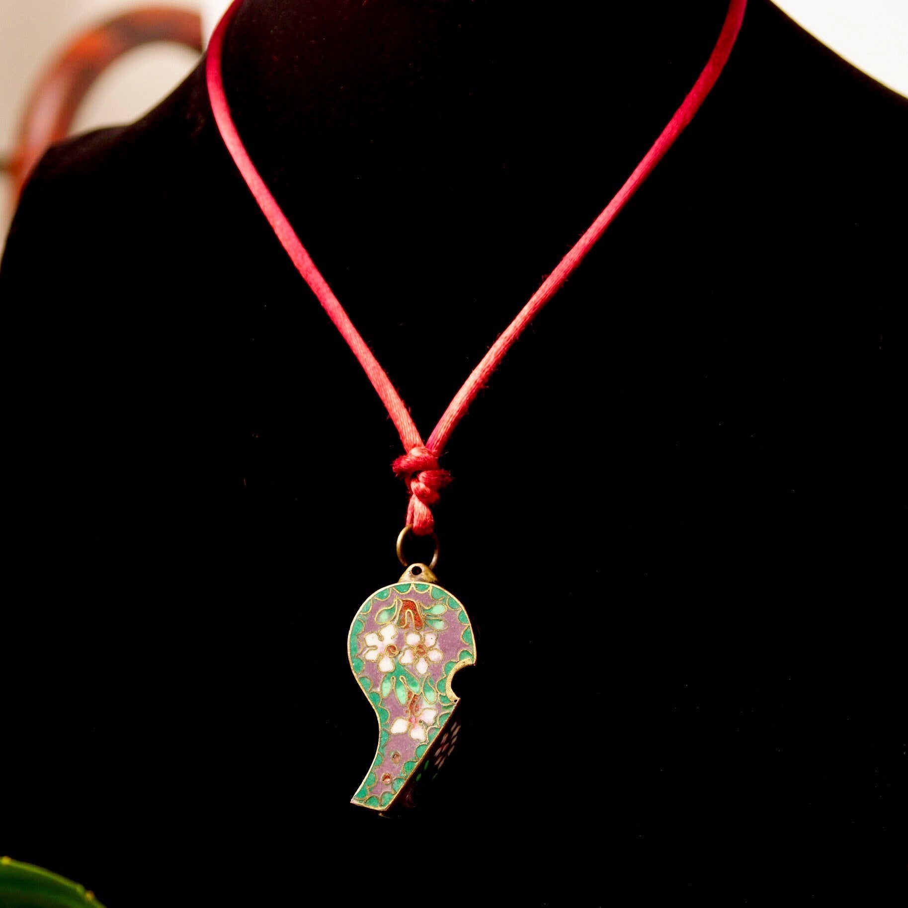 Antique Chinese Cloisonne Brass Enamel Whistle Pendant Necklace, Floral Embellishments, Pink & Green Enamel, Maroon Rope Necklace, 1 3/8"