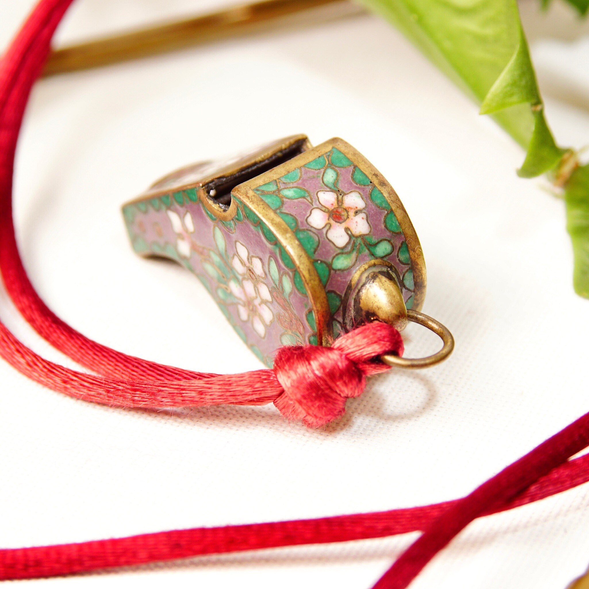 Antique Chinese Cloisonne Brass Enamel Whistle Pendant Necklace, Floral Embellishments, Pink & Green Enamel, Maroon Rope Necklace, 1 3/8"
