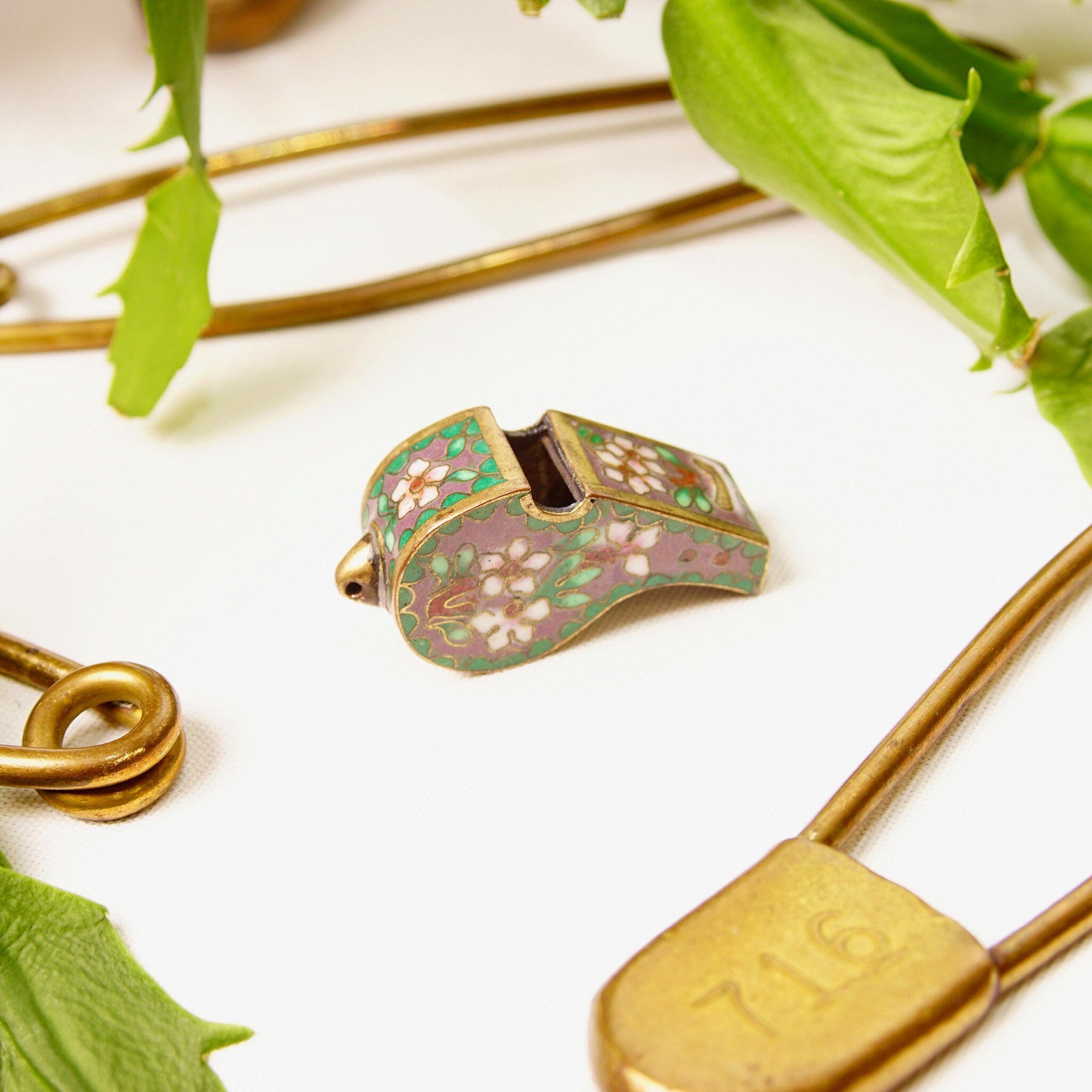 Antique Chinese Cloisonne Brass Enamel Whistle Pendant Necklace, Floral Embellishments, Pink & Green Enamel, Maroon Rope Necklace, 1 3/8"