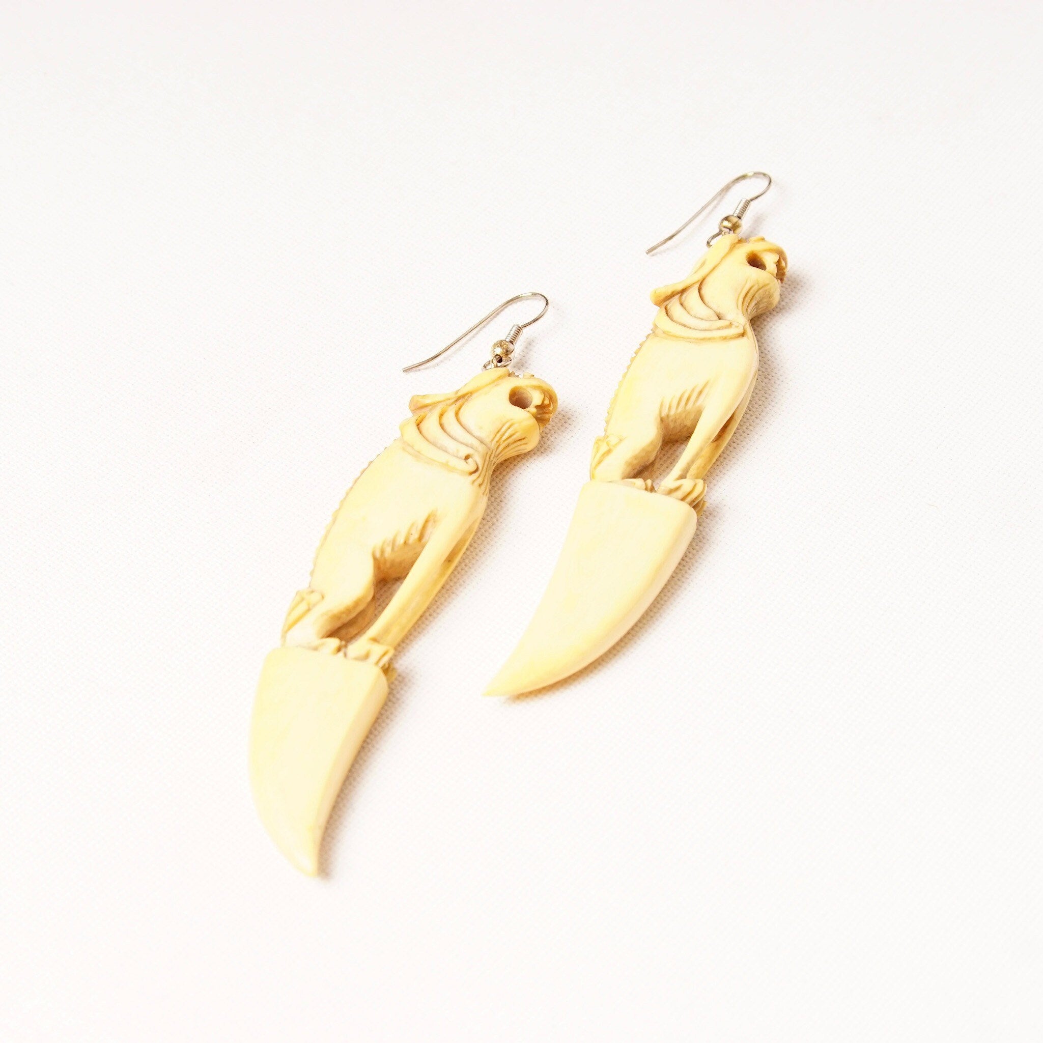 Antique Hand-Carved Chinese Foo Dog Claw Earrings, Carved Bone/Tusk Dangle Earrings, Long Beige Earrings, French Hooks, 4" L