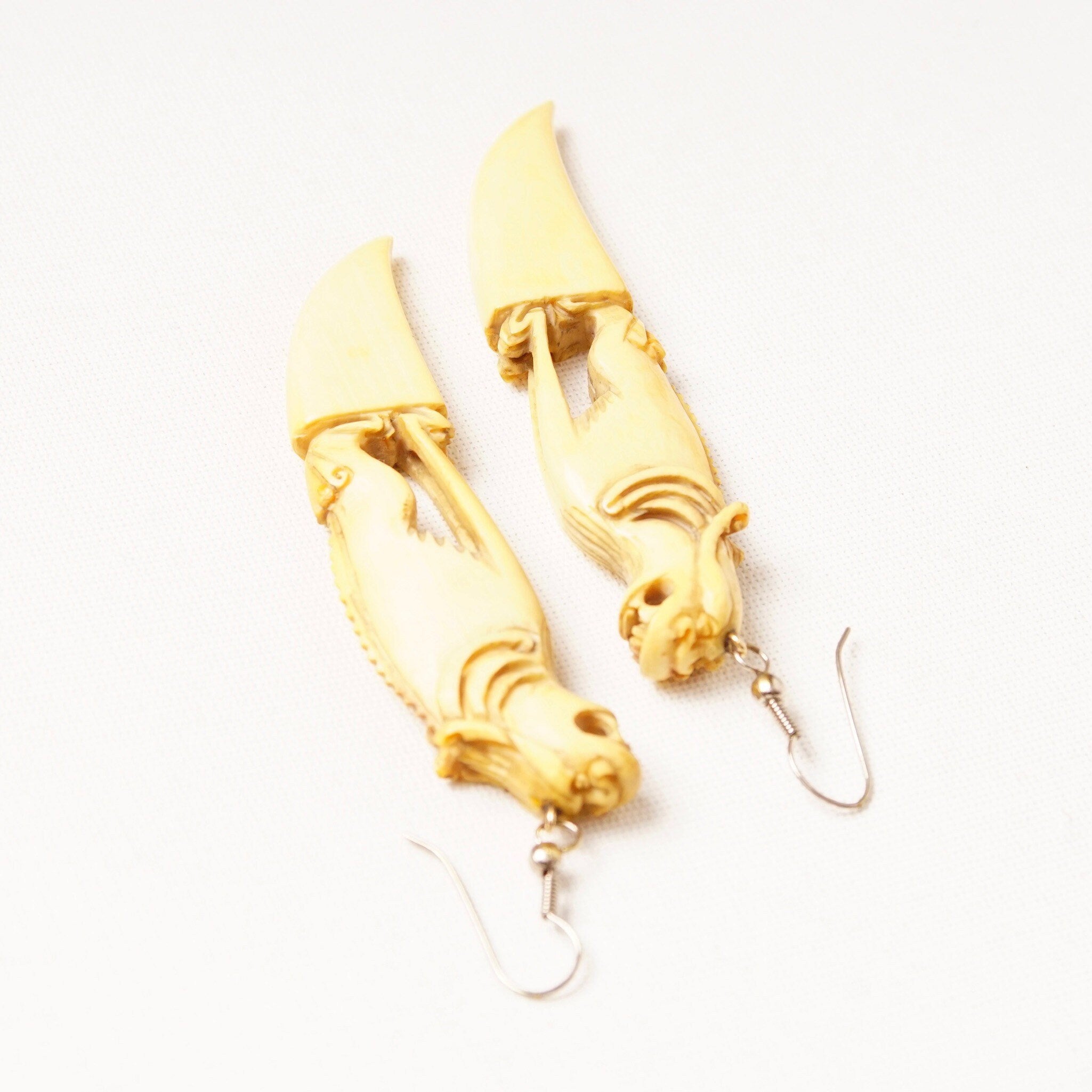 Antique Hand-Carved Chinese Foo Dog Claw Earrings, Carved Bone/Tusk Dangle Earrings, Long Beige Earrings, French Hooks, 4" L