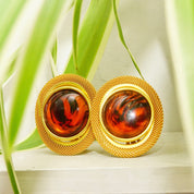 Vintage Gold-Tone Lucite Amber Clip-On Earrings, 80's Modernist Faux Amber Earrings, Chunky Gold Mesh Clip-On, Chunky, Dress-Up, 1 15/16" L