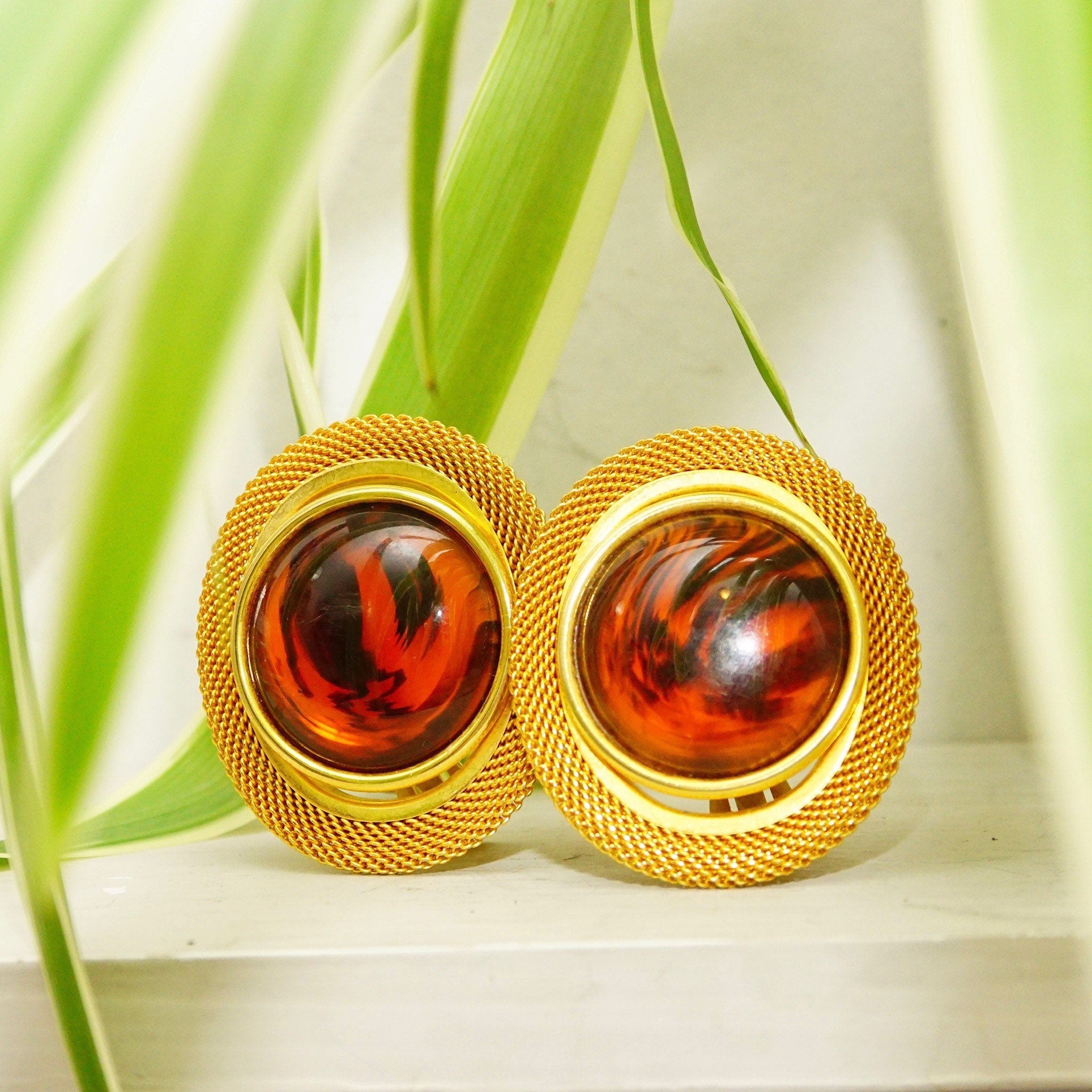 Vintage Gold-Tone Lucite Amber Clip-On Earrings, 80's Modernist Faux Amber Earrings, Chunky Gold Mesh Clip-On, Chunky, Dress-Up, 1 15/16" L