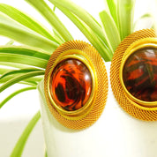 Vintage Gold-Tone Lucite Amber Clip-On Earrings, 80's Modernist Faux Amber Earrings, Chunky Gold Mesh Clip-On, Chunky, Dress-Up, 1 15/16" L