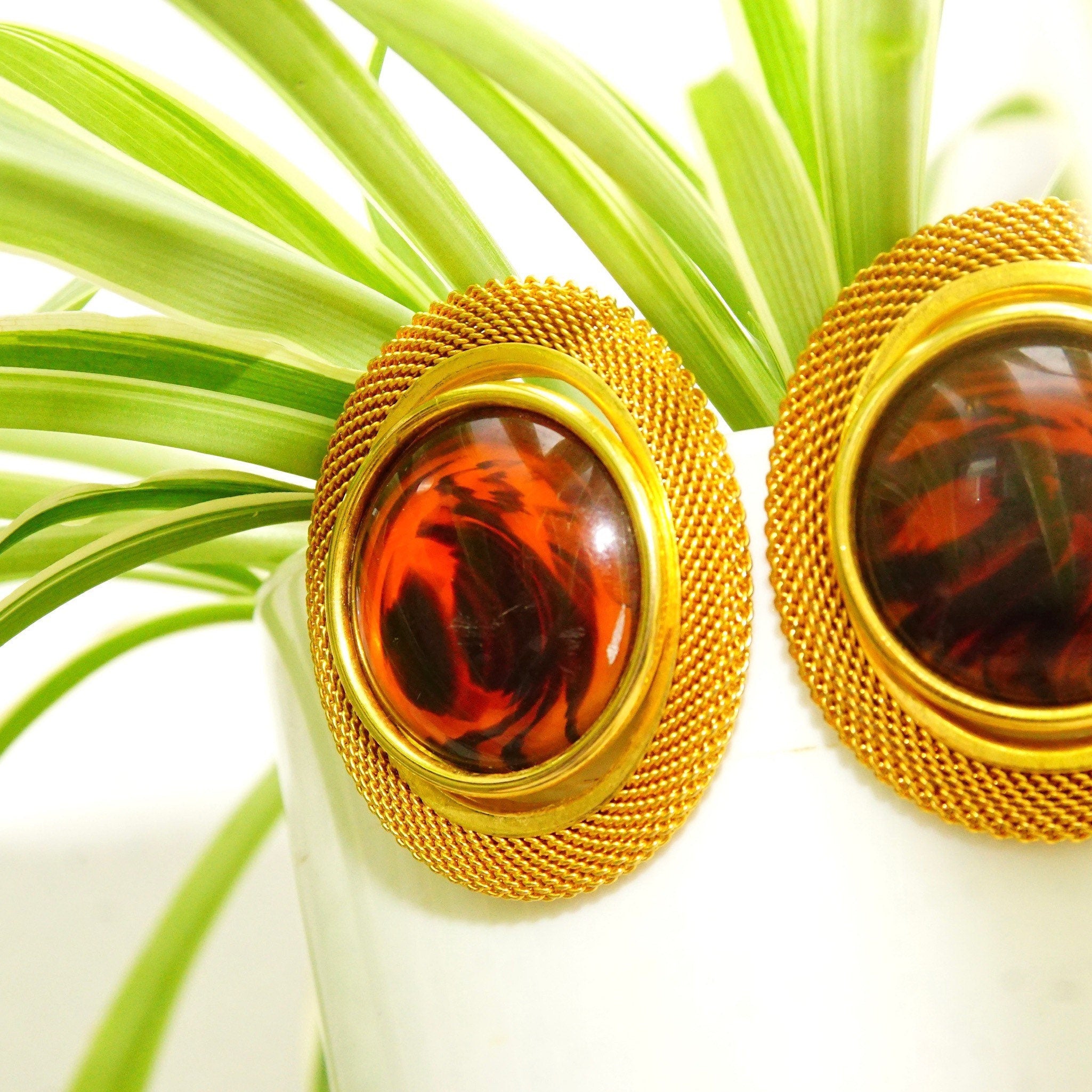 Vintage Gold-Tone Lucite Amber Clip-On Earrings, 80's Modernist Faux Amber Earrings, Chunky Gold Mesh Clip-On, Chunky, Dress-Up, 1 15/16" L