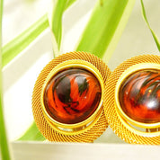 Vintage Gold-Tone Lucite Amber Clip-On Earrings, 80's Modernist Faux Amber Earrings, Chunky Gold Mesh Clip-On, Chunky, Dress-Up, 1 15/16" L
