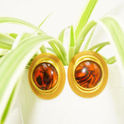 Vintage Gold-Tone Lucite Amber Clip-On Earrings, 80's Modernist Faux Amber Earrings, Chunky Gold Mesh Clip-On, Chunky, Dress-Up, 1 15/16" L