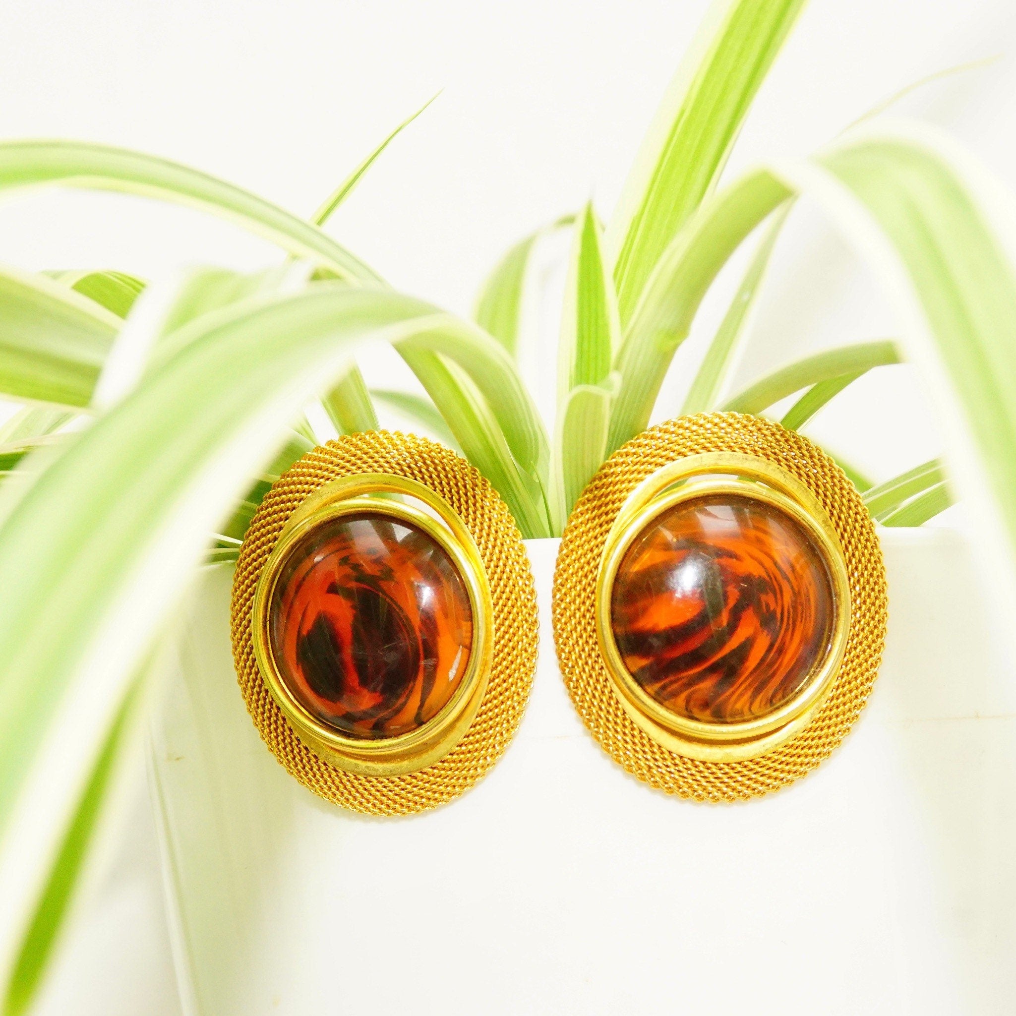 Vintage Gold-Tone Lucite Amber Clip-On Earrings, 80's Modernist Faux Amber Earrings, Chunky Gold Mesh Clip-On, Chunky, Dress-Up, 1 15/16" L