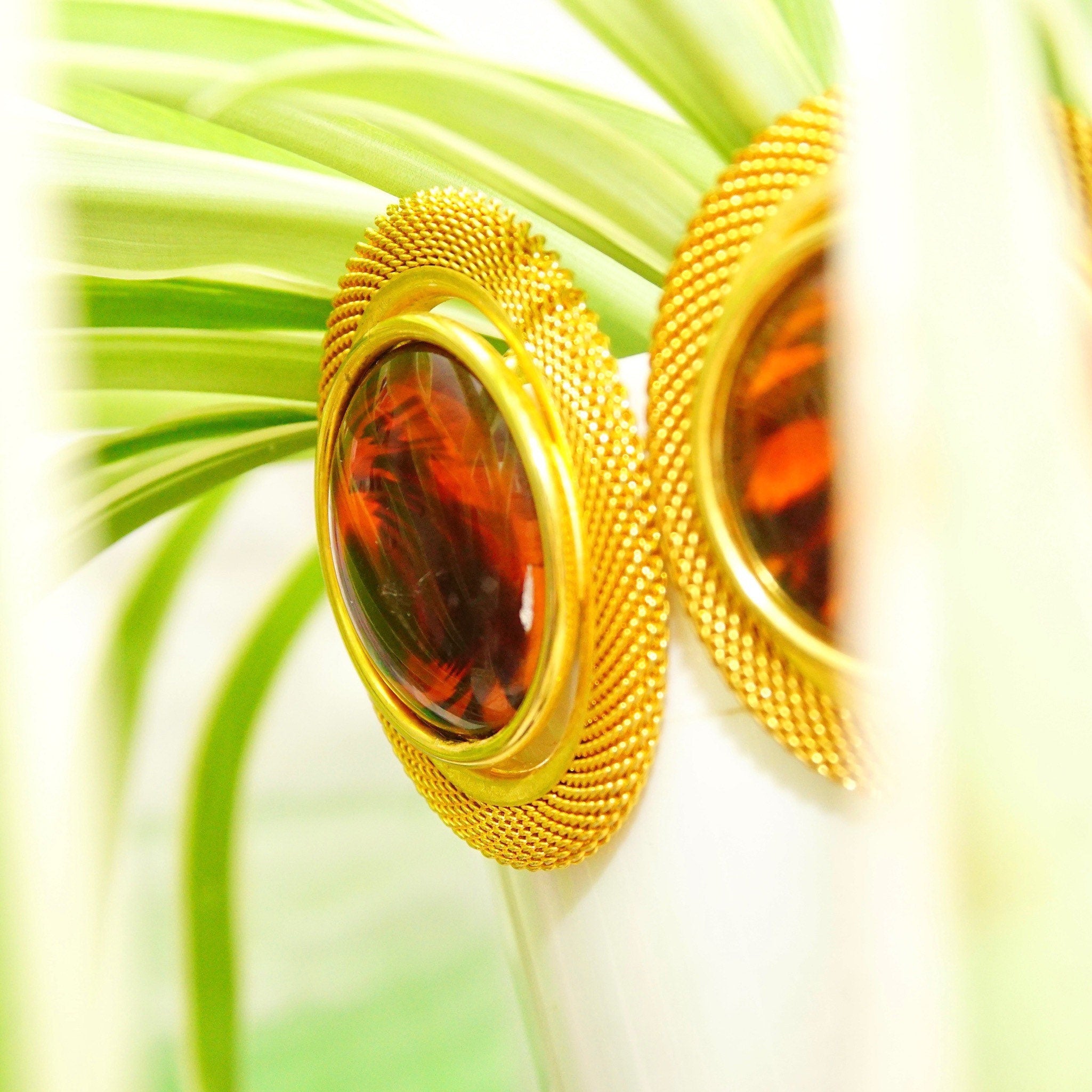 Vintage Gold-Tone Lucite Amber Clip-On Earrings, 80's Modernist Faux Amber Earrings, Chunky Gold Mesh Clip-On, Chunky, Dress-Up, 1 15/16" L