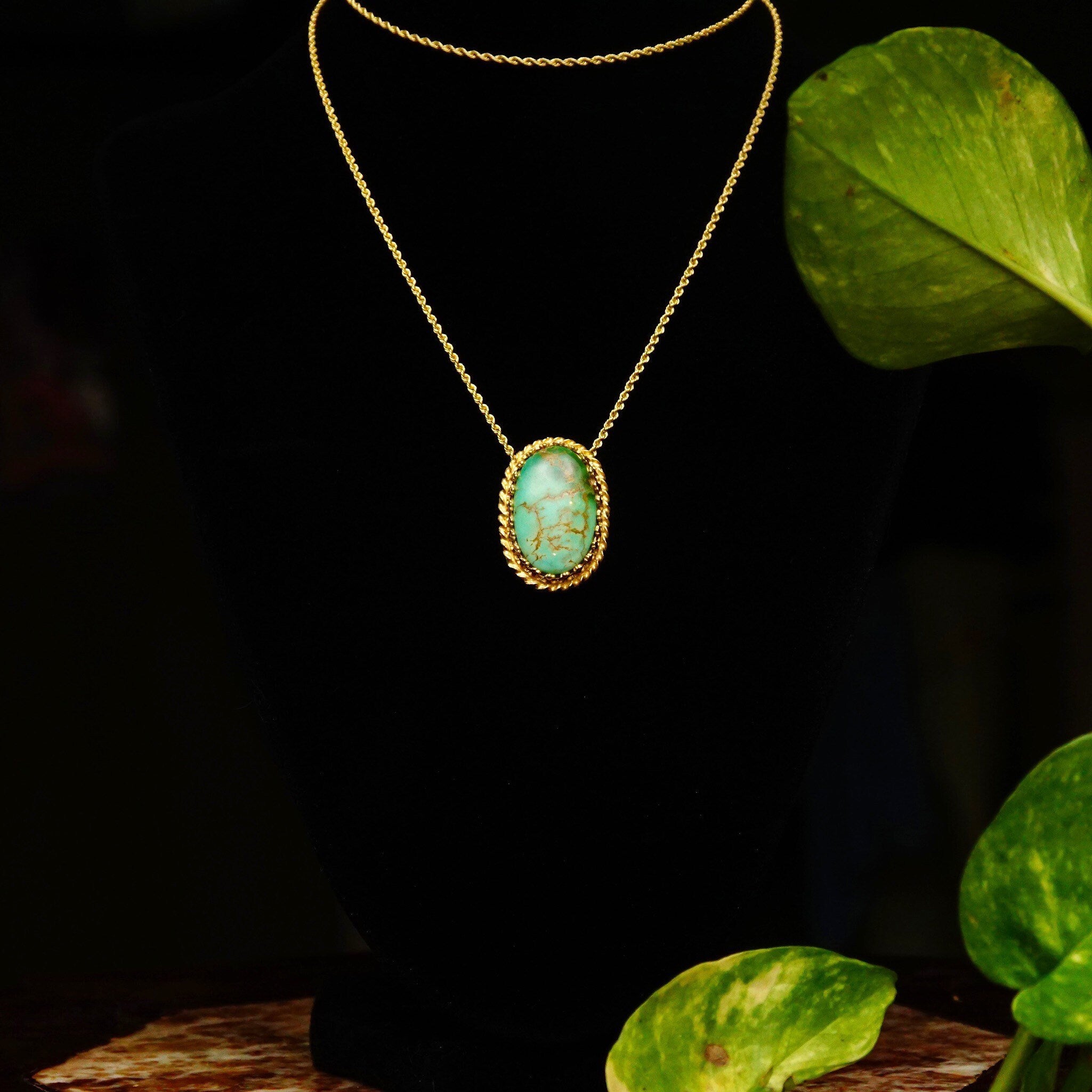 Ornate 14K Green Turquoise Cab Pendant, Yellow Gold Crown Bezel Setting, Hidden Double Loop Bail, 30mm