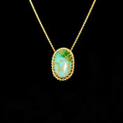 Ornate 14K Green Turquoise Cab Pendant, Yellow Gold Crown Bezel Setting, Hidden Double Loop Bail, 30mm