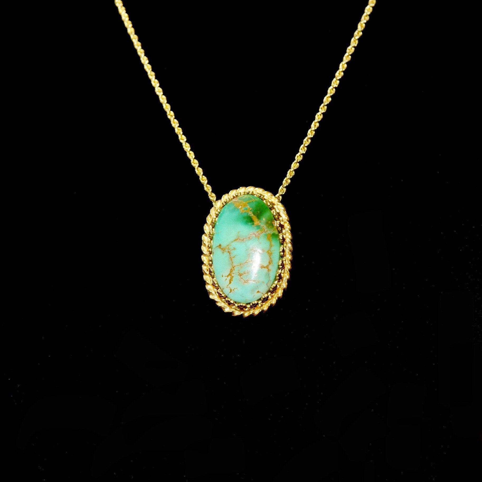 Ornate 14K Green Turquoise Cab Pendant, Yellow Gold Crown Bezel Setting, Hidden Double Loop Bail, 30mm