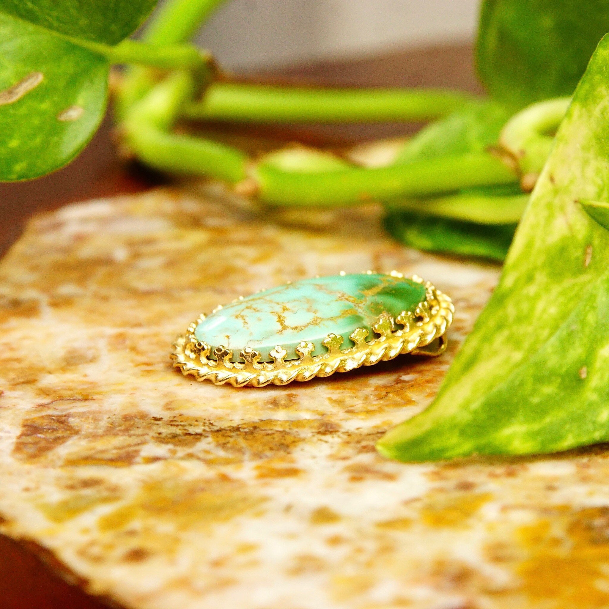 Ornate 14K Green Turquoise Cab Pendant, Yellow Gold Crown Bezel Setting, Hidden Double Loop Bail, 30mm