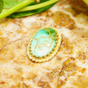 Ornate 14K Green Turquoise Cab Pendant, Yellow Gold Crown Bezel Setting, Hidden Double Loop Bail, 30mm