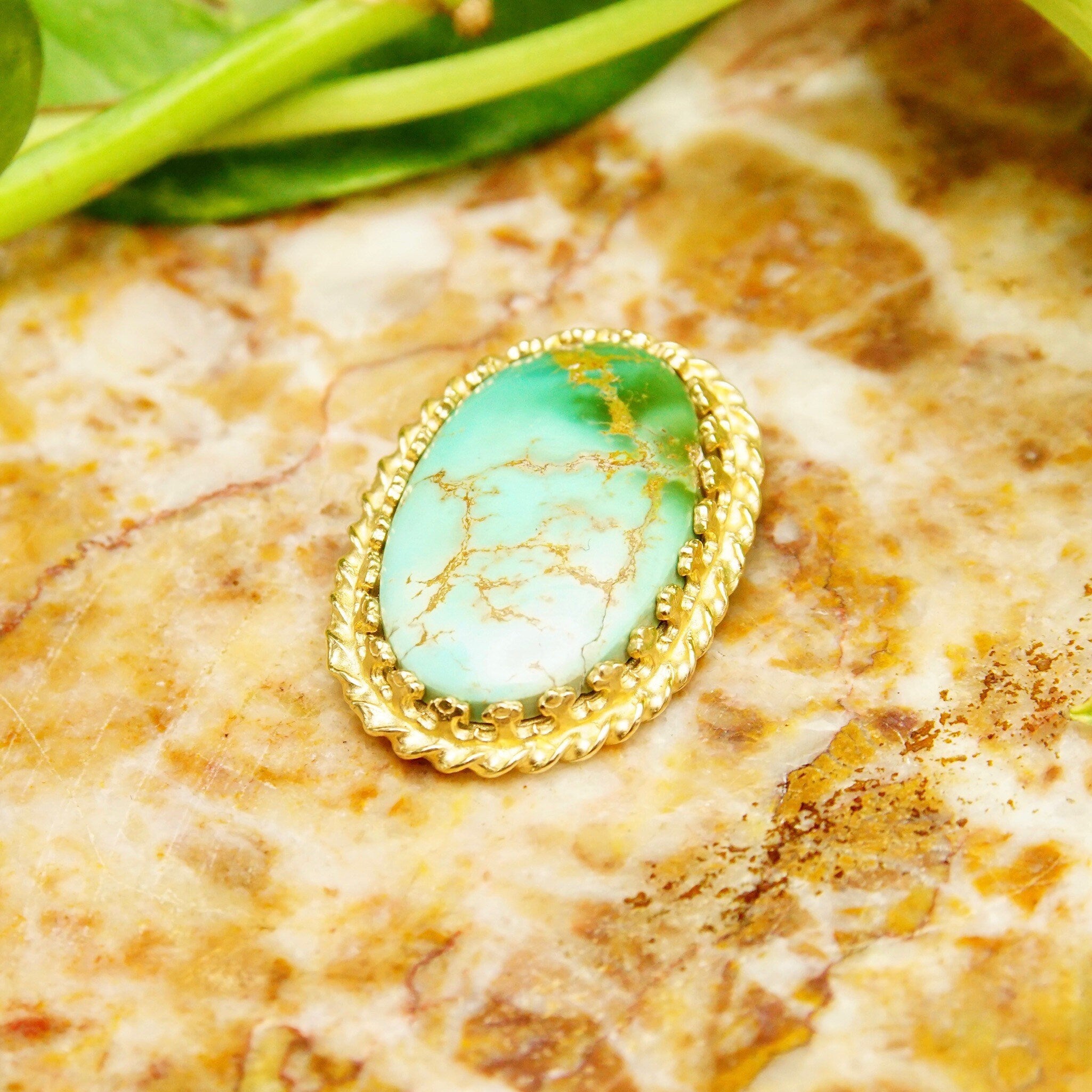 Ornate 14K Green Turquoise Cab Pendant, Yellow Gold Crown Bezel Setting, Hidden Double Loop Bail, 30mm