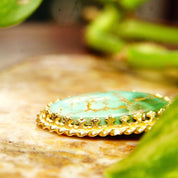 Ornate 14K Green Turquoise Cab Pendant, Yellow Gold Crown Bezel Setting, Hidden Double Loop Bail, 30mm