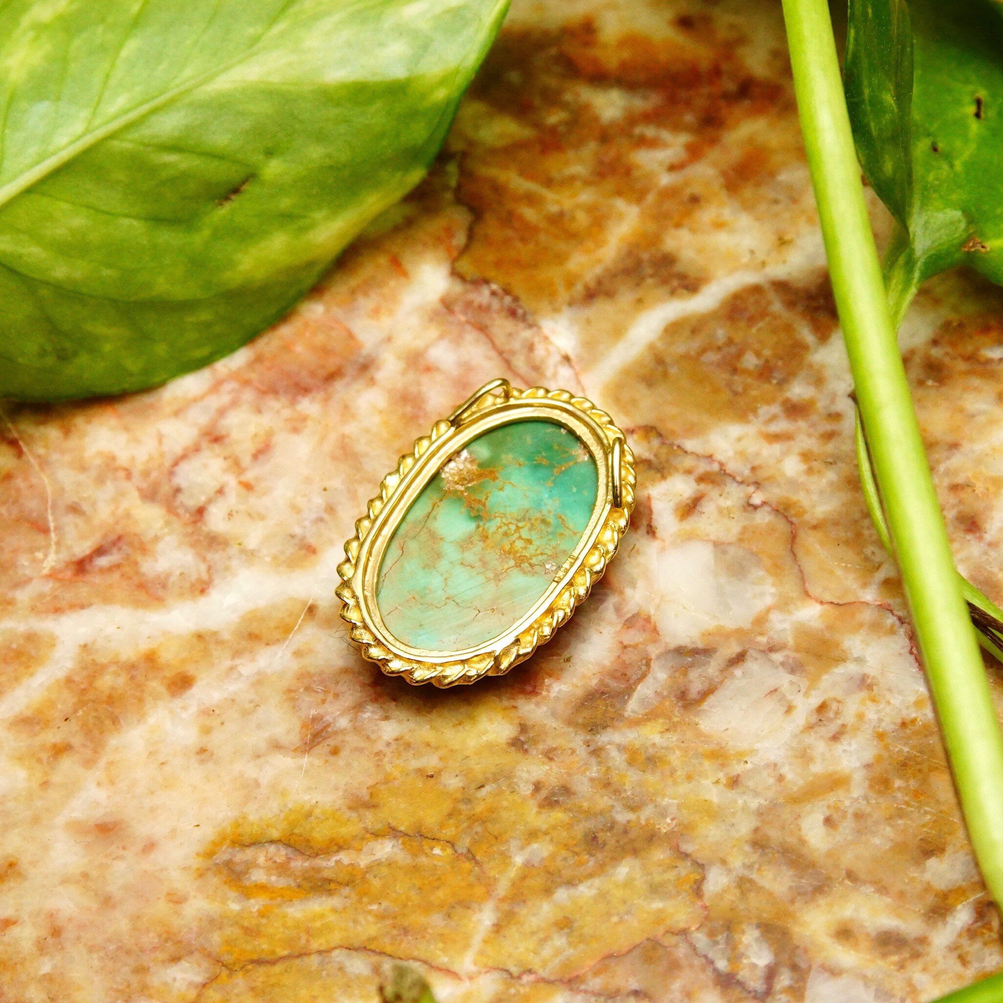 Ornate 14K Green Turquoise Cab Pendant, Yellow Gold Crown Bezel Setting, Hidden Double Loop Bail, 30mm