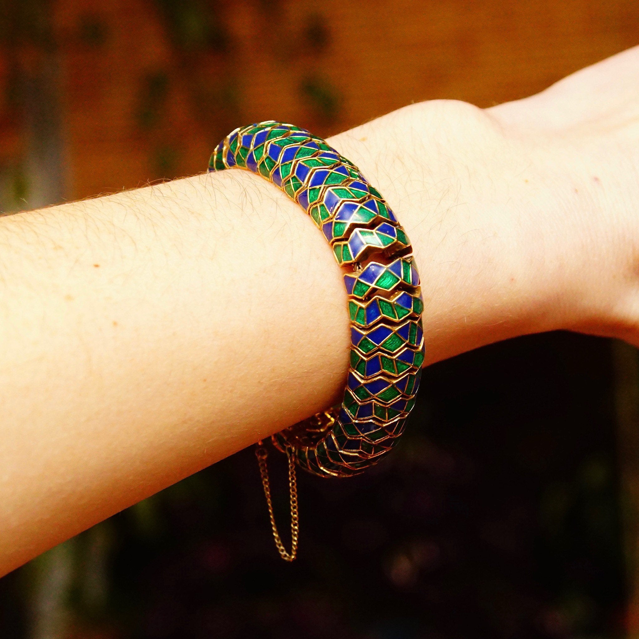 Vintage CINER Green & Blue Enamel Serpent Bracelet, Chunky Articulated Gold Tone Bracelet, Snake Skin Design, Gaudy, 15mm Wide, 7 1/4" L