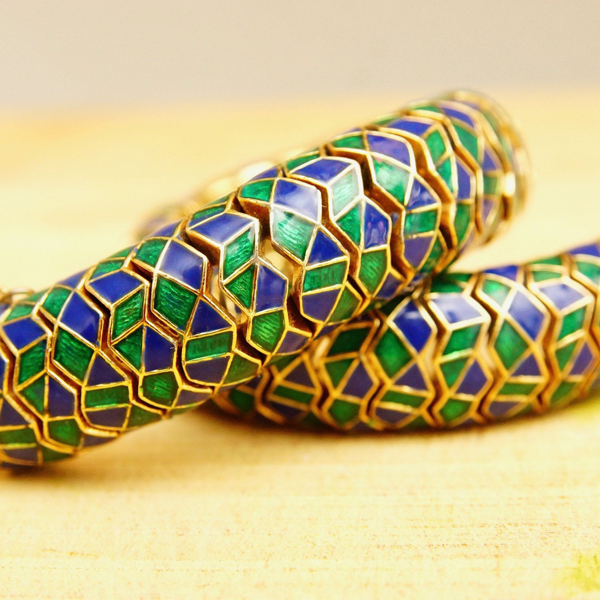 Vintage CINER Green & Blue Enamel Serpent Bracelet, Chunky Articulated Gold Tone Bracelet, Snake Skin Design, Gaudy, 15mm Wide, 7 1/4" L