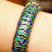 Vintage CINER Green & Blue Enamel Serpent Bracelet, Chunky Articulated Gold Tone Bracelet, Snake Skin Design, Gaudy, 15mm Wide, 7 1/4" L