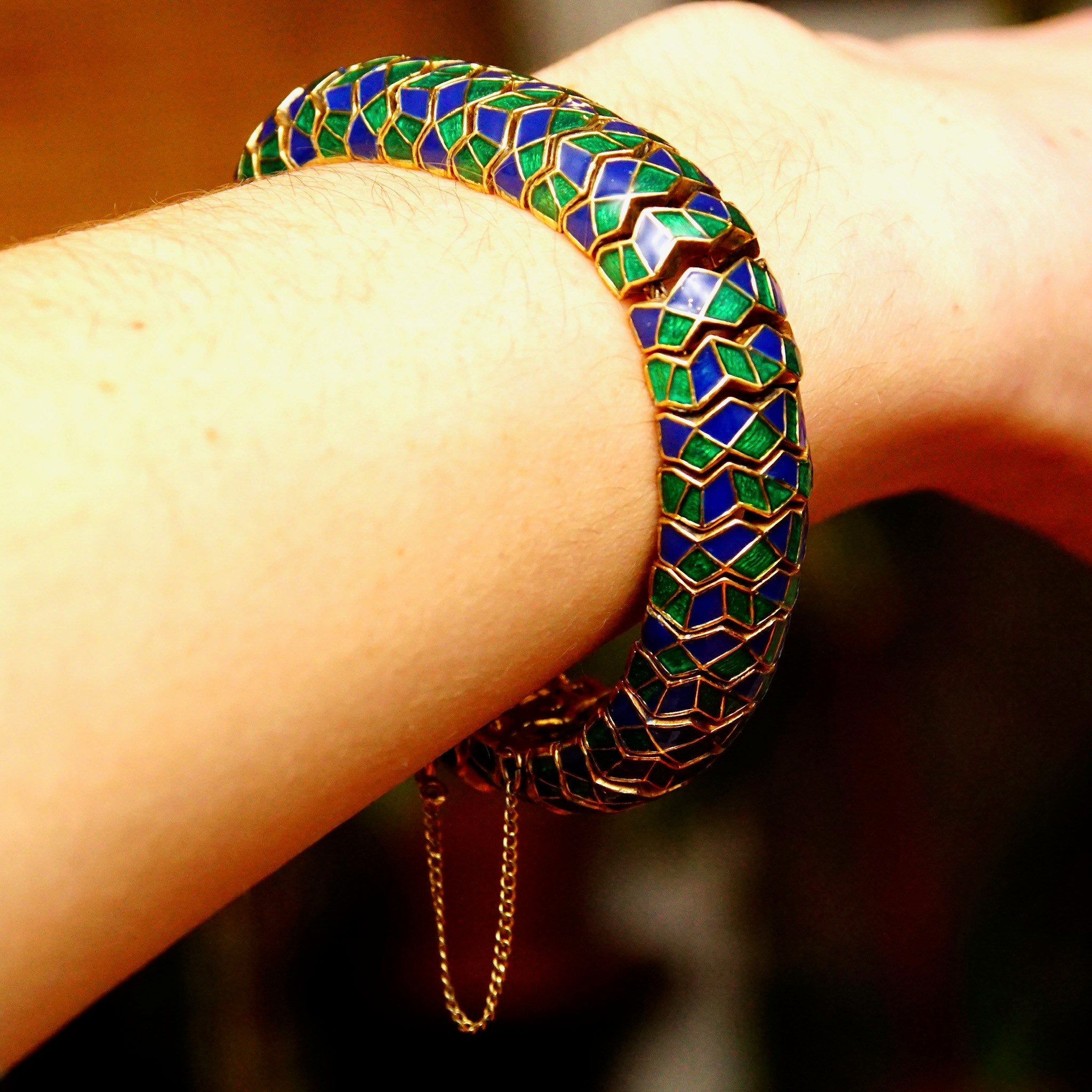 Vintage CINER Green & Blue Enamel Serpent Bracelet, Chunky Articulated Gold Tone Bracelet, Snake Skin Design, Gaudy, 15mm Wide, 7 1/4" L