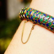 Vintage CINER Green & Blue Enamel Serpent Bracelet, Chunky Articulated Gold Tone Bracelet, Snake Skin Design, Gaudy, 15mm Wide, 7 1/4" L