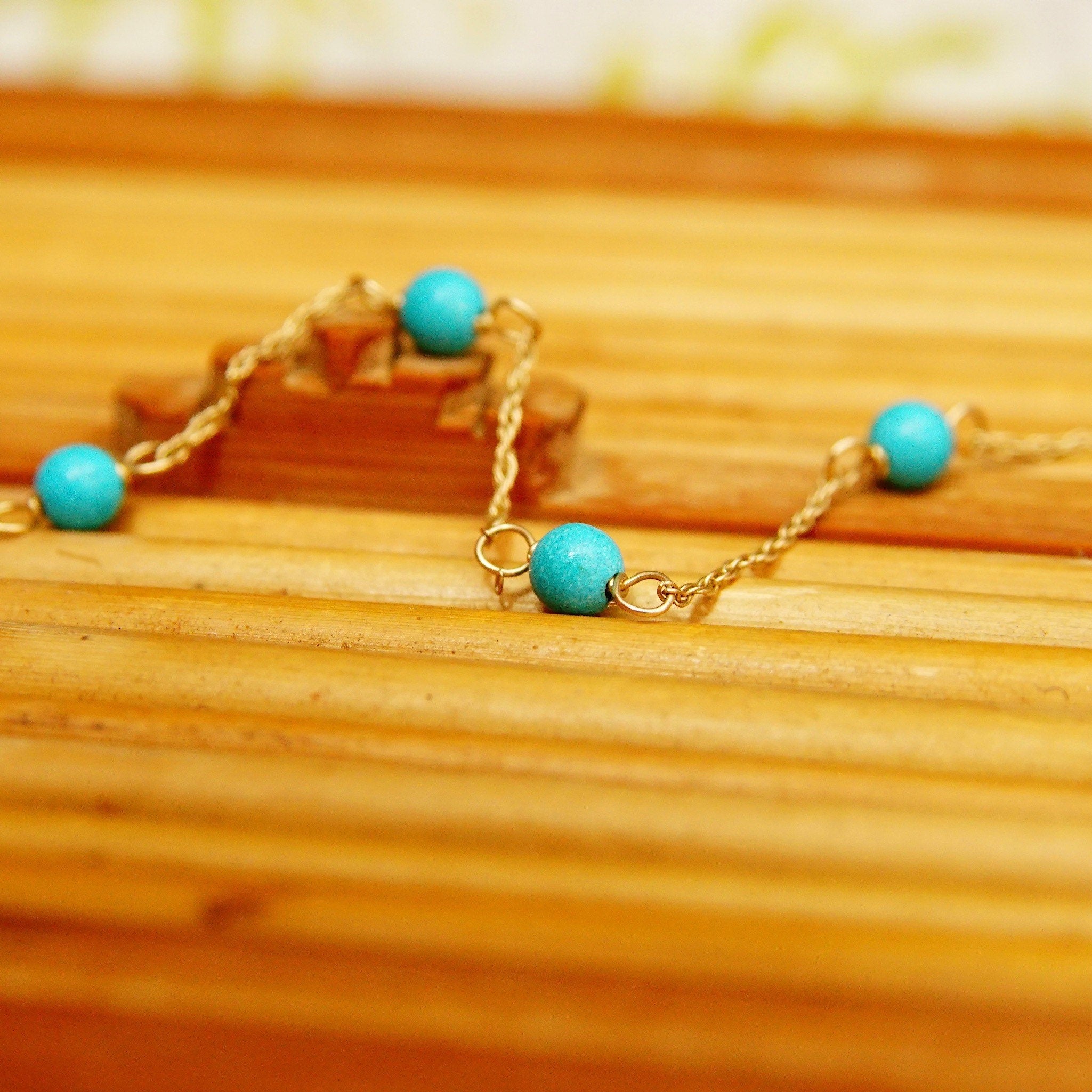 Vintage 14K Gold Turquoise Bead Station Bracelet, Dainty Loose Rope Chain, 4mm Turquoise Beads, 585 Jewelry, Opera Bracelet, 7" Long
