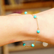 Vintage 14K Gold Turquoise Bead Station Bracelet, Dainty Loose Rope Chain, 4mm Turquoise Beads, 585 Jewelry, Opera Bracelet, 7" Long