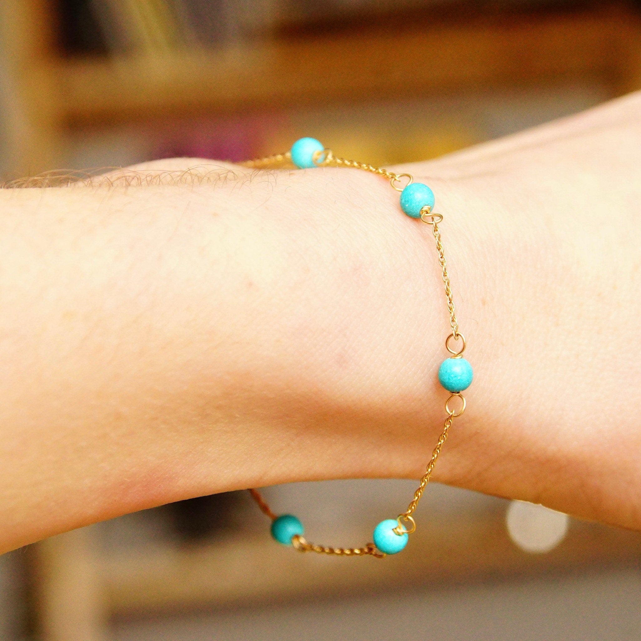 Vintage 14K Gold Turquoise Bead Station Bracelet, Dainty Loose Rope Chain, 4mm Turquoise Beads, 585 Jewelry, Opera Bracelet, 7" Long