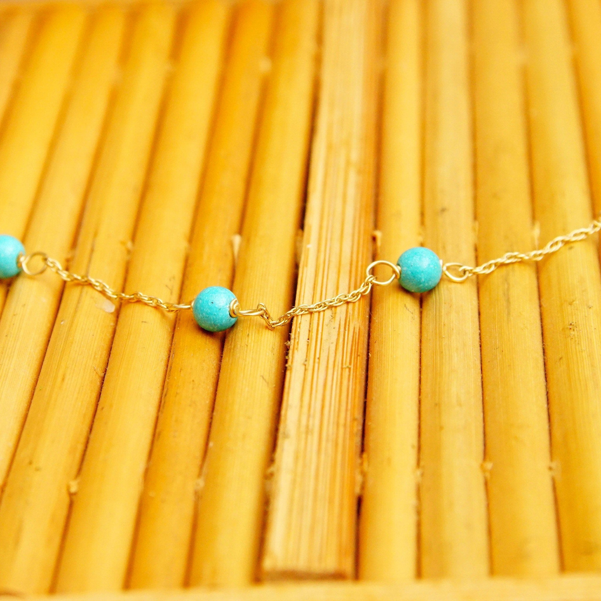 Vintage 14K Gold Turquoise Bead Station Bracelet, Dainty Loose Rope Chain, 4mm Turquoise Beads, 585 Jewelry, Opera Bracelet, 7" Long